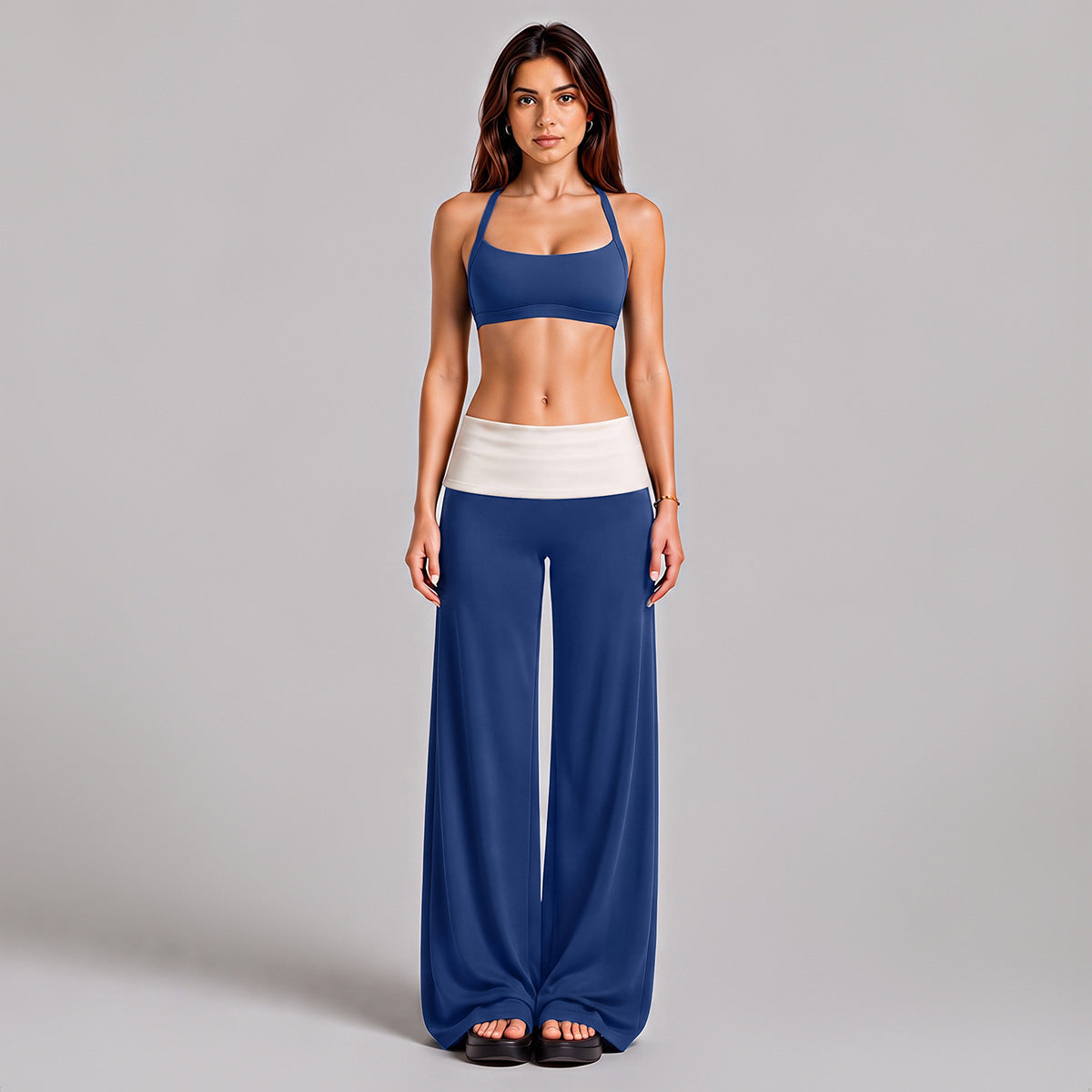 Wholesale Women’s Activewear Set | Workout Bra & Loose-Fit Color-Block Yoga Trousers | fouregg - Pants + Underwear, Dark Blue