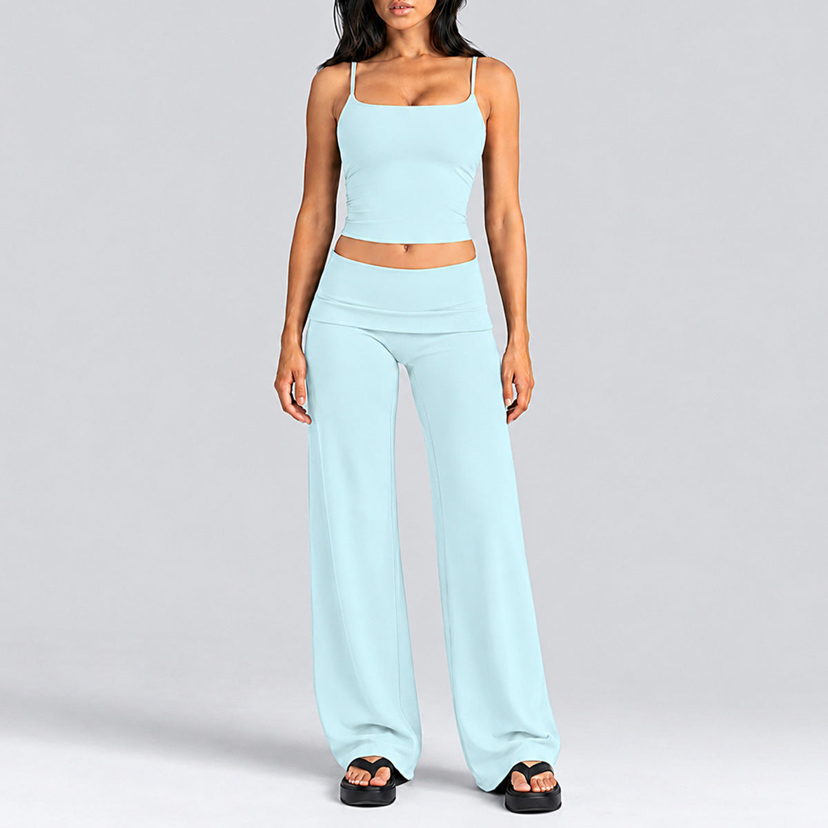Wholesale Women’s Activewear Set | Quick-Dry Backless Tank Top & Slimming High-Waisted Workout Pants | fouregg - Tank Top + Straight-Leg Pants, Light Blue