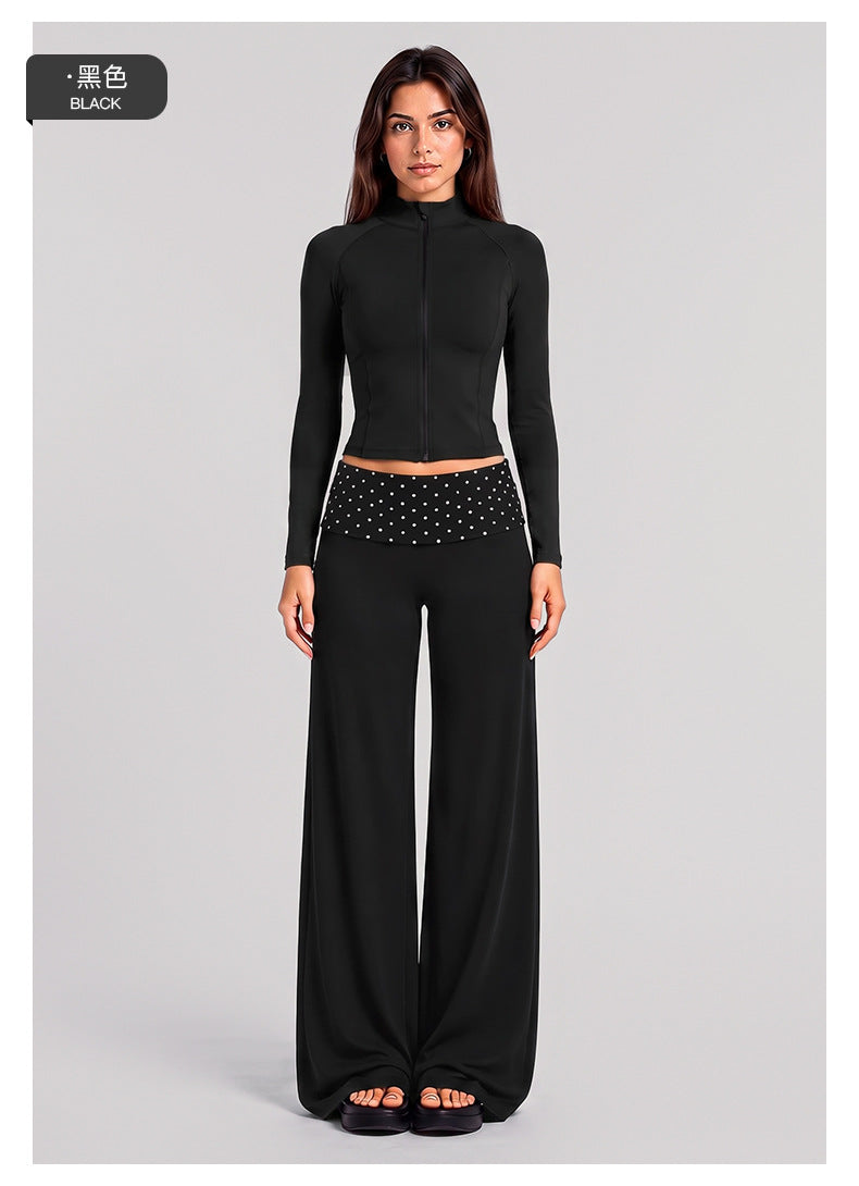 Wholesale Women’s Activewear Set | Slim-Fit Zip-Up Jacket & Contrast Polka Dot Foldover Waist Pants | fouregg