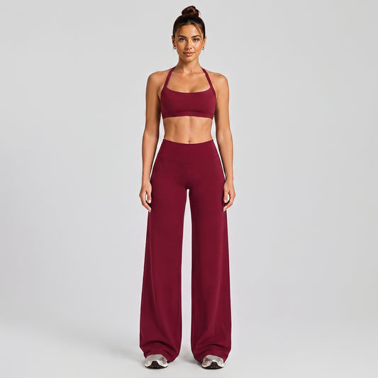 Wholesale Women’s Activewear Set | Halter Neck Sports Bra for Running, Cycling & Pilates | fouregg - Wide-Leg Long Set, Rumba Red