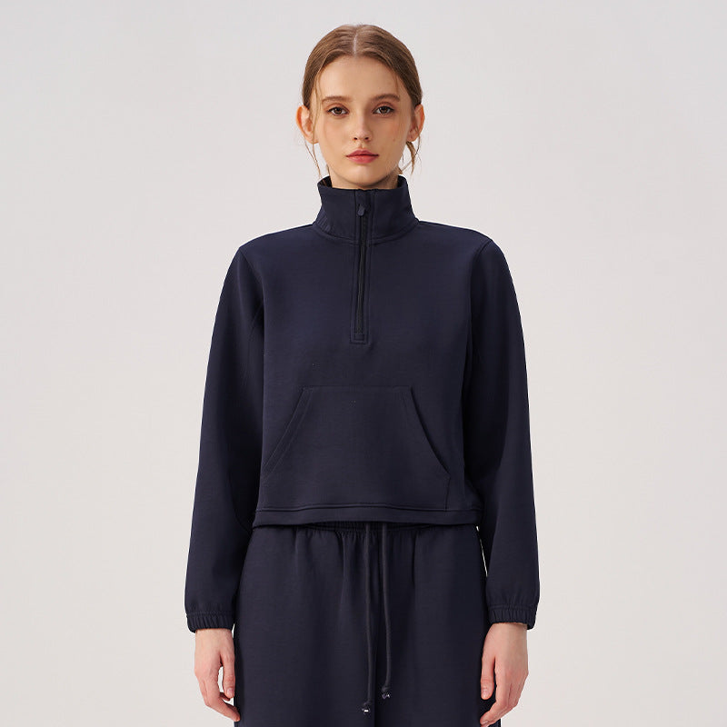Wholesale Women’s Cropped Sweatshirt | Bulk Relaxed-Fit Half-Zip Workout Top | fouregg - Navy