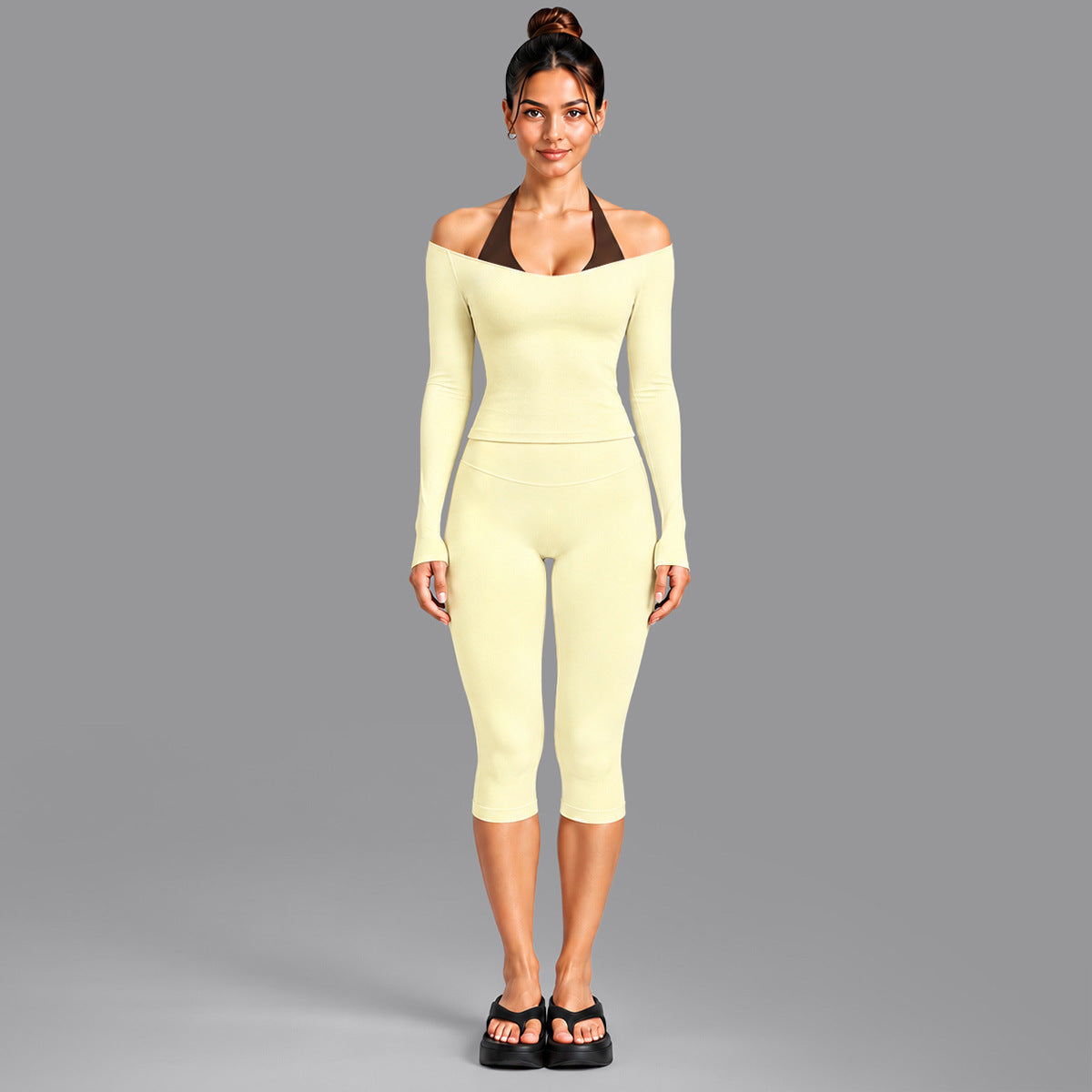 Wholesale Women’s Activewear Set | Double-Layer Halter Sports Top & Breathable Fitness Leggings | fouregg - 6278 Long Sleeve + 1554 Capri Pants Cream Yellow