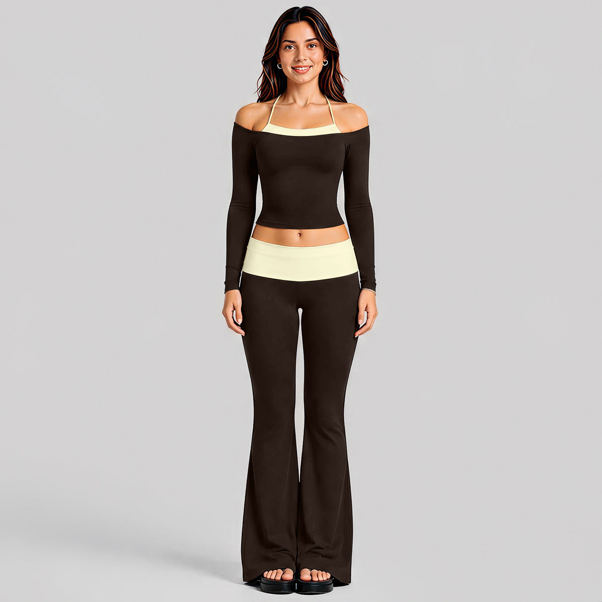 Wholesale Women’s Activewear Set | Long Sleeve Mock-Layer Halter Top & Straight-Leg Yoga Pants | fouregg - Long Sleeve and Flared Pants Root Brown with Cream Yellow