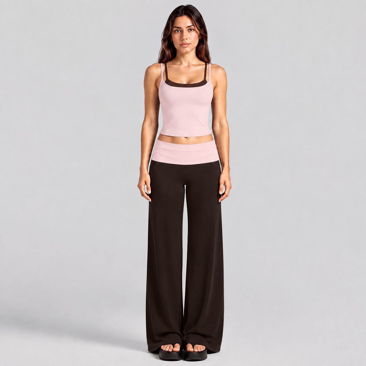 Wholesale Women’s Color-Block Activewear Set | Faux-Layered Sports Tank & Quick-Dry Workout Pants | fouregg - Tank Top and Pants - Pink and Root Brown