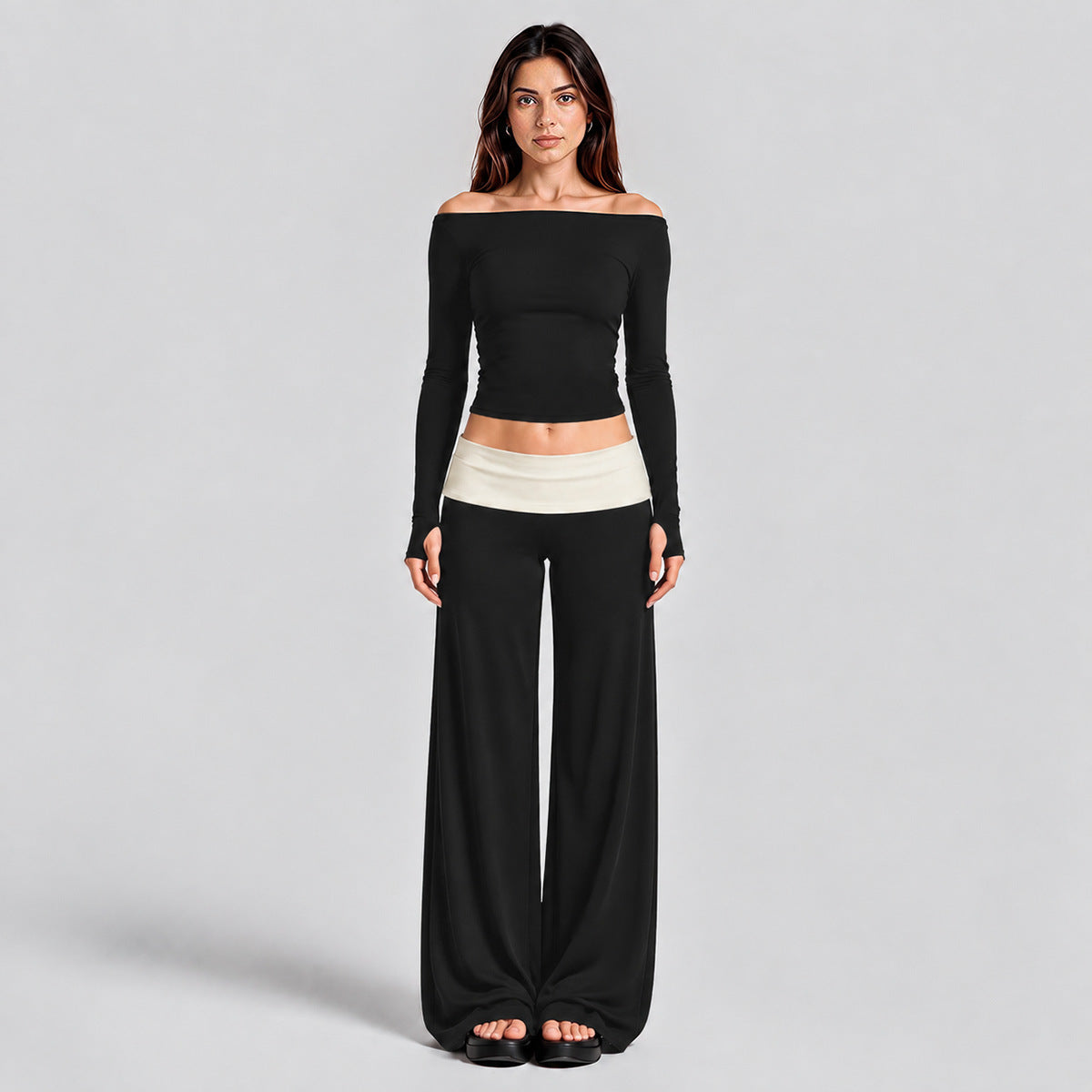 Wholesale Women’s Activewear Set | Quick-Dry Long Sleeve Off-Shoulder Top & High-Waisted Workout Pants | fouregg - Long Sleeve + Pants, Black