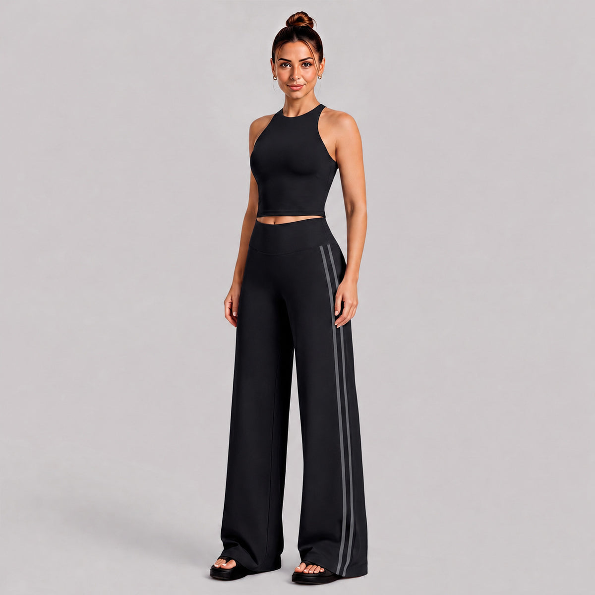 Wholesale Women’s Quick-Dry Yoga Set | Backless Halter Sports Top & Relaxed Straight-Leg Trousers | fouregg - Tank top + pants, black