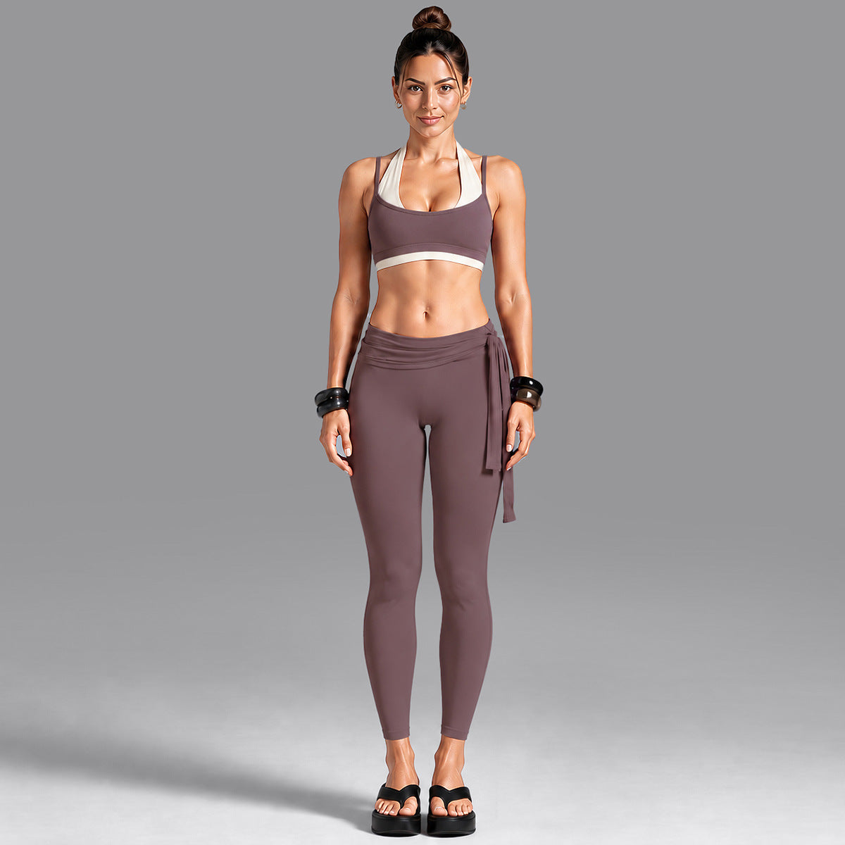 Wholesale Women’s Activewear Set | Dual-Layer Halter Sports Top & Tie-Detail Quick-Dry Workout Pants | fouregg - Underwear + Long Pants, Vintage Purple