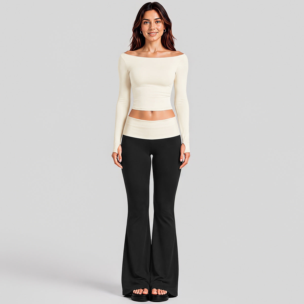 Wholesale Women’s Activewear Set | Quick-Dry Long Sleeve Off-Shoulder Top & High-Waisted Workout Pants | fouregg - Long Sleeve + Flared Pants, Albumen White