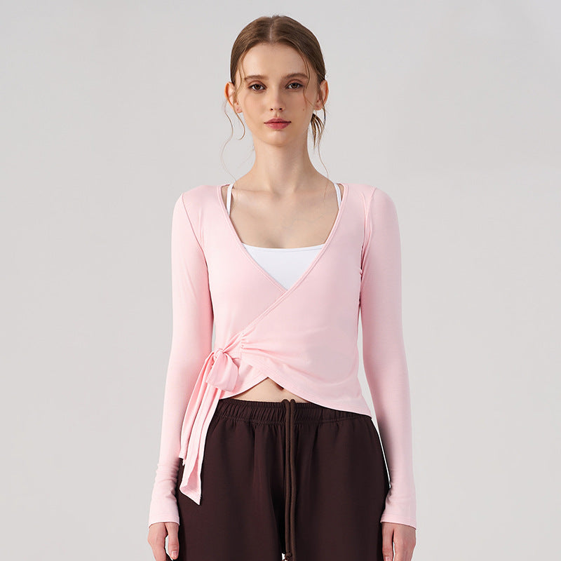 Wholesale Women’s Wrap Yoga Top | Thin Long-Sleeve Crossover Cardigan for Pilates & Activewear | fouregg - Soft Pink