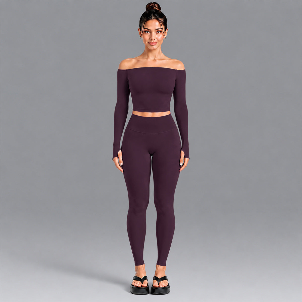 Wholesale Women’s Seamless Activewear Set | Slim-Fit Off-Shoulder Top & Peach-Lift Yoga Pants | fouregg - Long Sleeve + Pants Dark Coffee