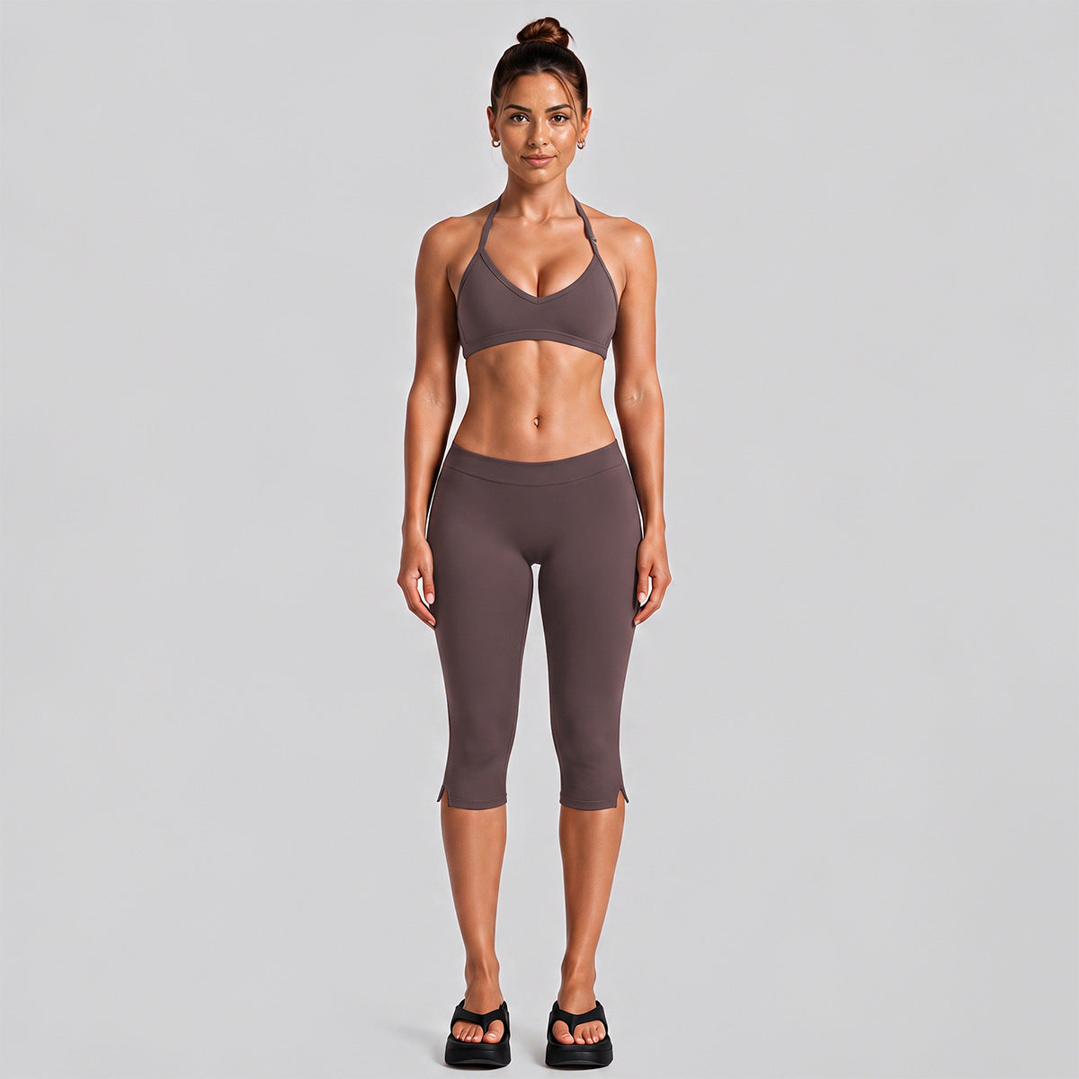 Wholesale Women’s Quick-Dry Activewear Set | Backless Halter Top & Mid-Length Workout Pants | fouregg - Dark Brown