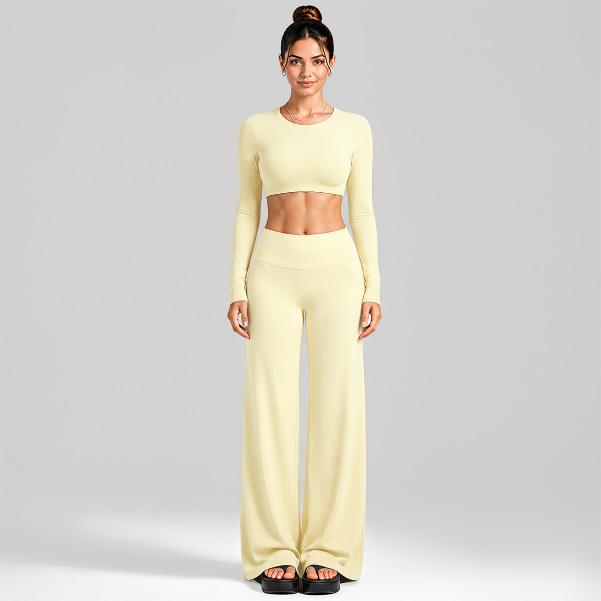 Wholesale Women’s Activewear Set | Cutout Back Long Sleeve Tee & High-Waisted Loose Pants | fouregg - Long Sleeve + Straight Pants Cream Yellow