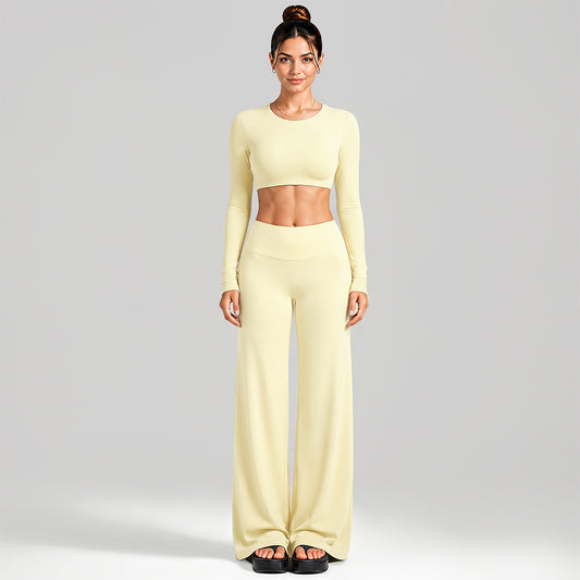 Wholesale Women’s Activewear Set | Cutout Back Long Sleeve Tee & High-Waisted Loose Pants | fouregg - Long Sleeve + Straight Pants Cream Yellow