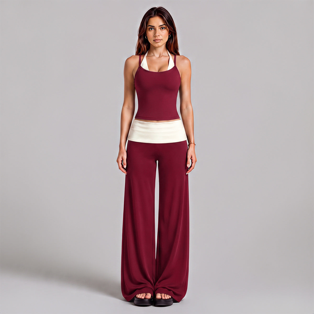 Wholesale Women’s Activewear Set | Halter Sports Top & Color-Block High-Waisted Yoga Pants | fouregg - 6147 Tank + 6187 Pants, Rumba Red