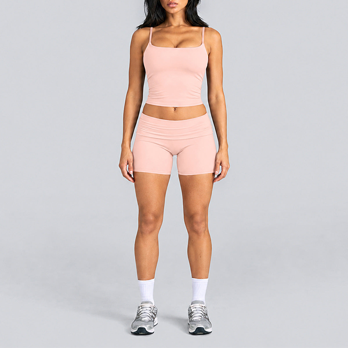 Wholesale Women’s Activewear Set | Quick-Dry Backless Tank Top & Slimming High-Waisted Workout Pants | fouregg - Tank Top + Shorts, Gray Pink