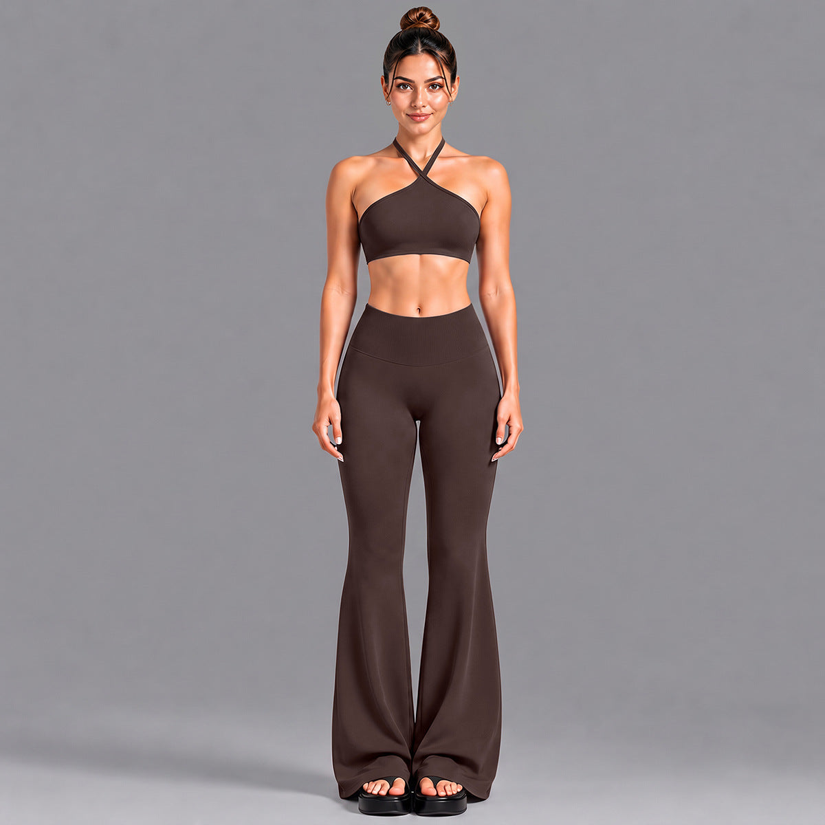 Wholesale Women’s Activewear Set | Contrast Stripe Workout Top & Casual Fitness Leggings | fouregg - Underwear + Flared Pants, Dark Coffee