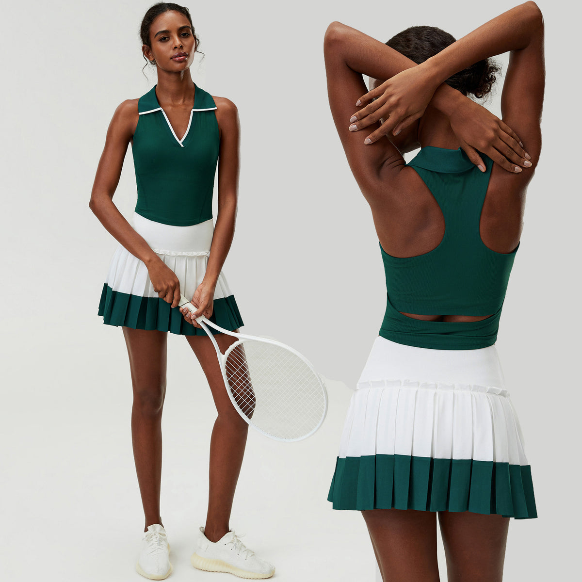 Wholesale Women's 2-Piece Sports Skirt Set | Cutout-Waist Tank Top & Puff-Edge Skirt | Quick-Dry Activewear | fouregg