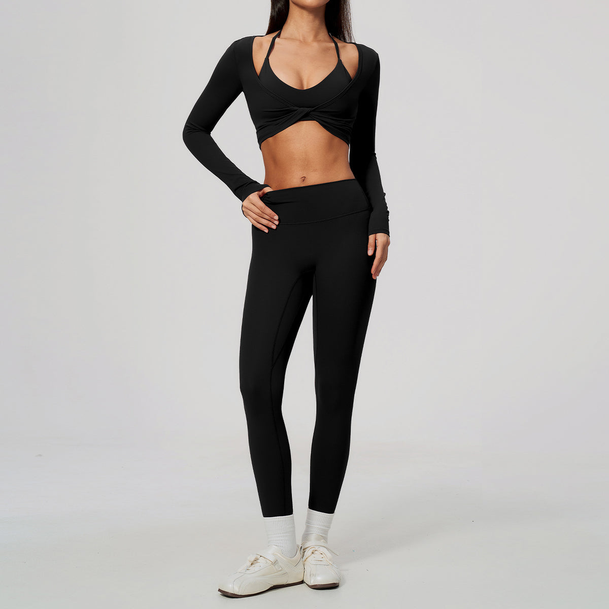 Wholesale Women’s Brushed Activewear Set 5529 | Slim-Fit Halter, Stand-Collar Jacket & Sculpting Pants | fouregg - 5529 Bra + 8519 Pants + 5529-1 Long Sleeve, Black