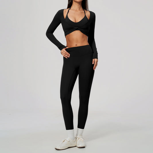 Wholesale Women’s Brushed Activewear Set 5529 | Slim-Fit Halter, Stand-Collar Jacket & Sculpting Pants | fouregg - 5529 Bra + 8519 Pants + 5529-1 Long Sleeve, Black