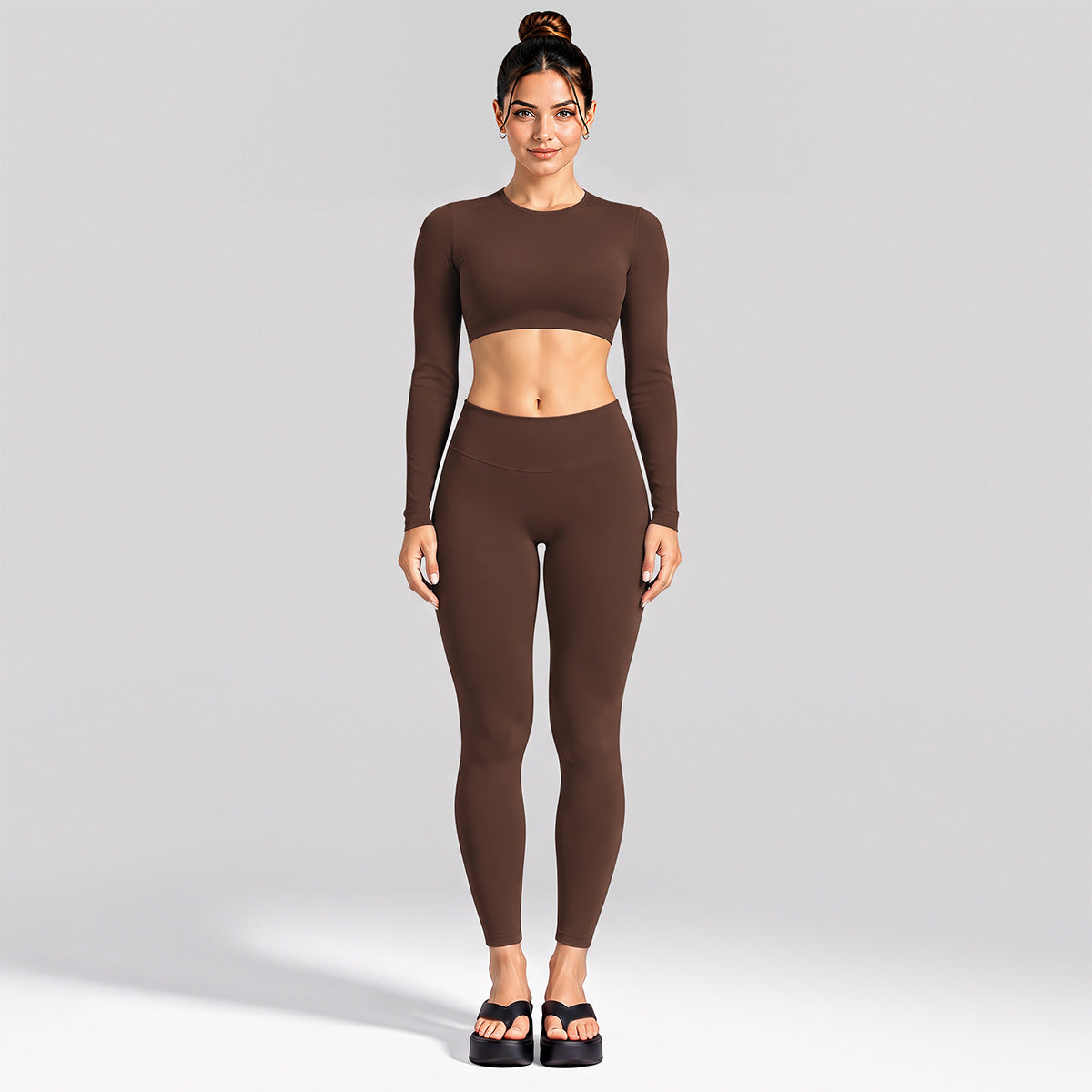 Wholesale Women’s Activewear Set | Cutout Back Long Sleeve Tee & High-Waisted Loose Pants | fouregg - Long Sleeve + Leggings Coffee Brown