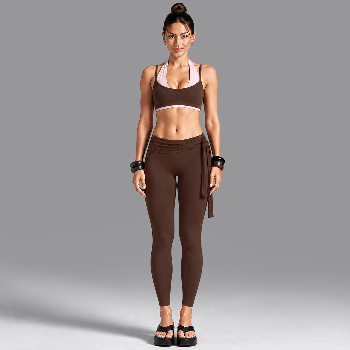 Wholesale Women’s Activewear Set | Dual-Layer Halter Sports Top & Tie-Detail Quick-Dry Workout Pants | fouregg - Underwear + Long Pants, Brown Pink