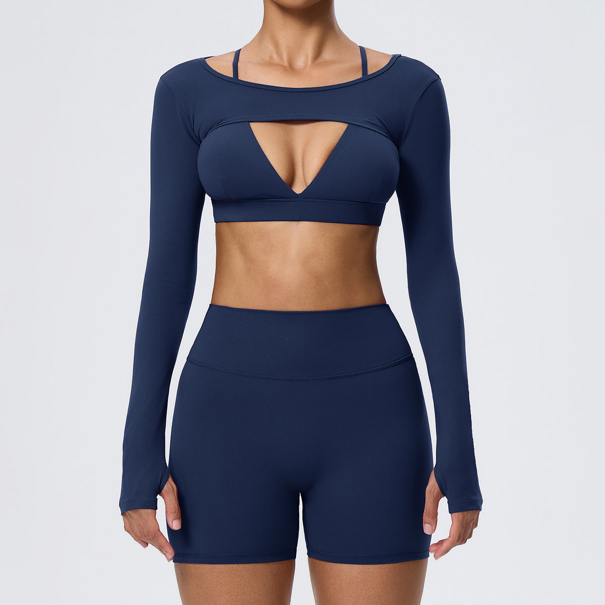 Wholesale Women’s Double-Brushed Yoga Set | Bulk Sports Bra, Sculpting Shorts & Cover-Up | fouregg - Navy