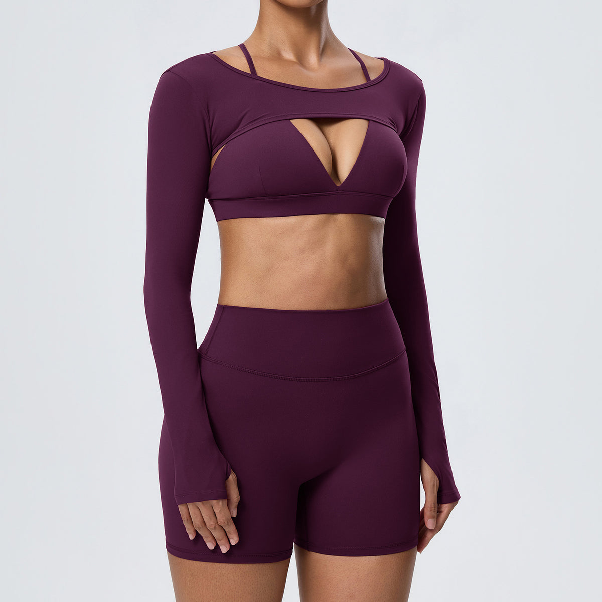 Wholesale Women’s Double-Brushed Yoga Set | Bulk Sports Bra, Sculpting Shorts & Cover-Up | fouregg - Plum Purple
