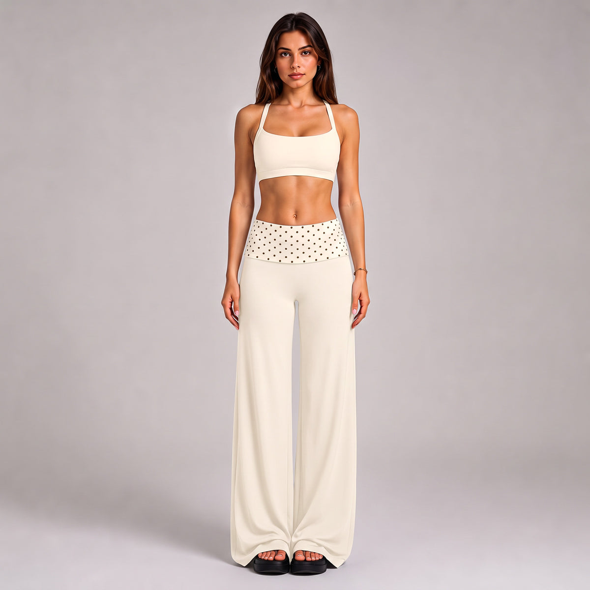 Wholesale Women’s Quick-Dry Activewear Set | Open-Back Halter Bra & Polka Dot Workout Pants | fouregg - Pants + underwear, albumen white