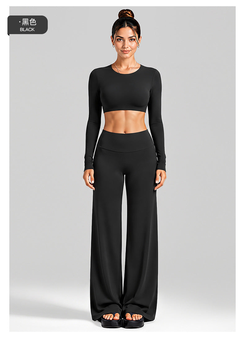 Wholesale Women’s Activewear Set | Cutout Back Long Sleeve Tee & High-Waisted Loose Pants | fouregg
