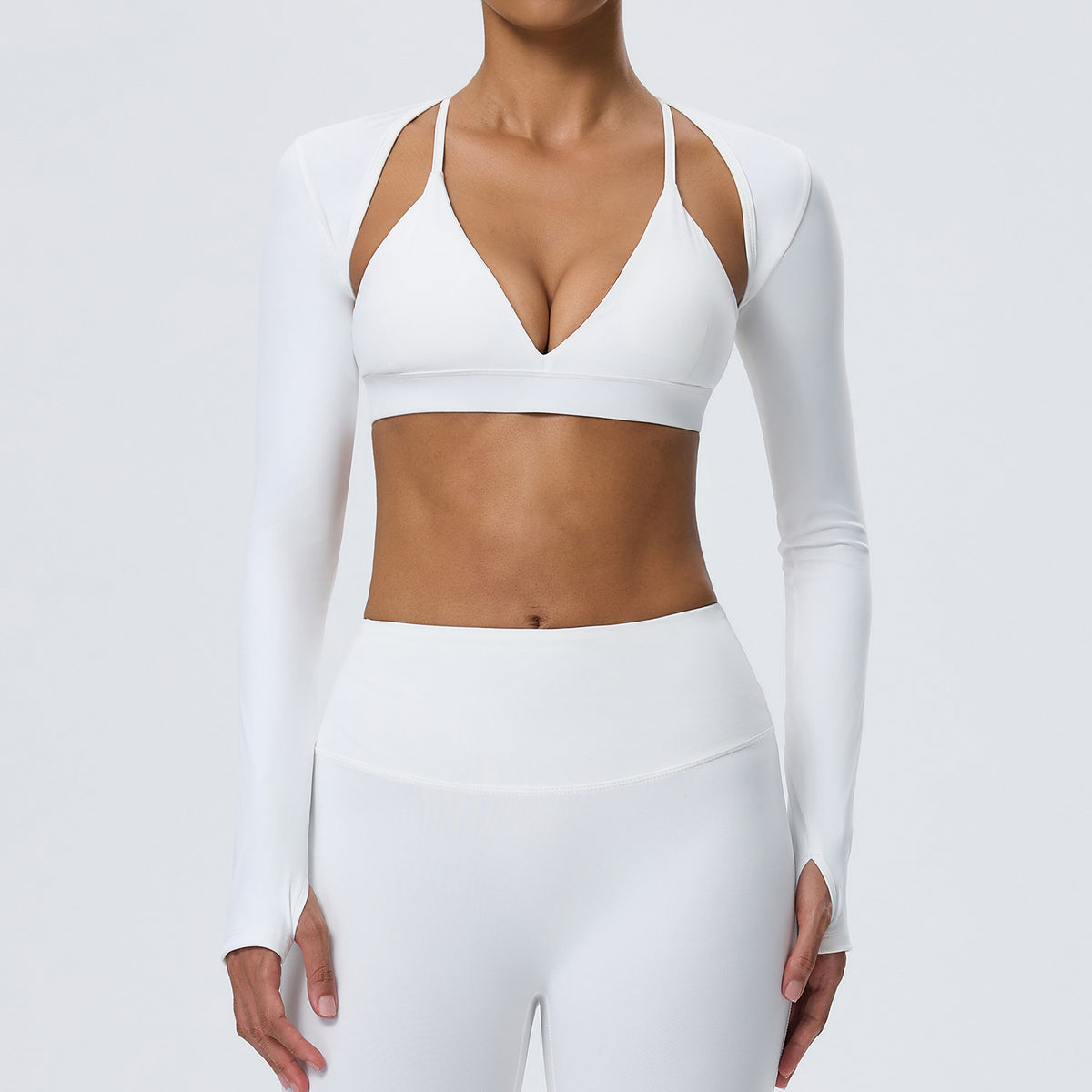 Wholesale Women’s 2-Piece Activewear Set | Bulk Fitted Long-Sleeve Workout & Yoga Wear | fouregg - White