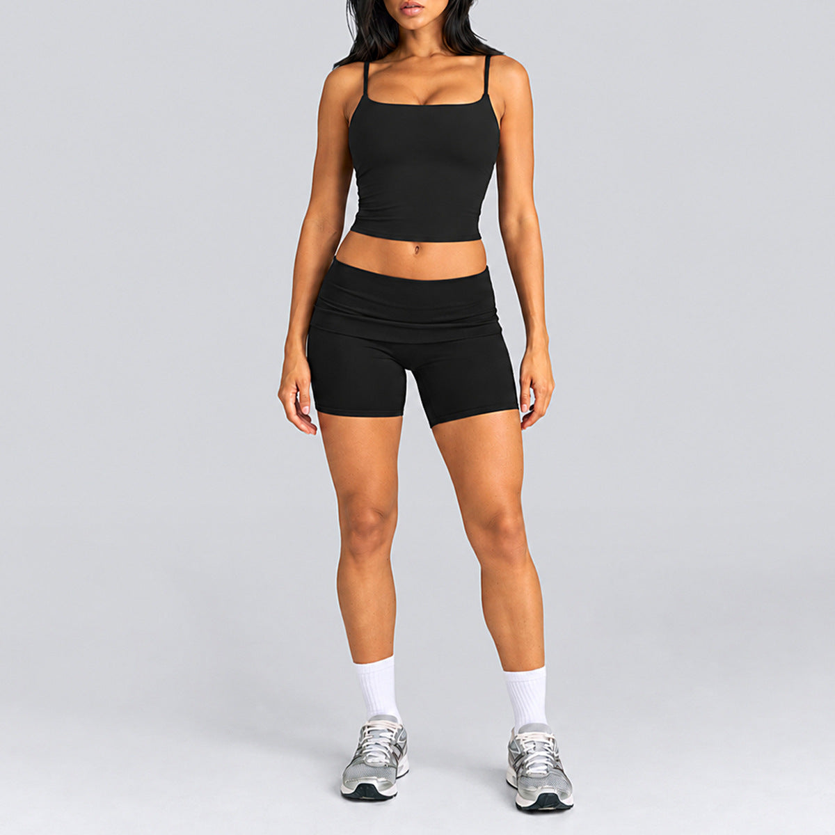 Wholesale Women’s Activewear Set | Quick-Dry Backless Tank Top & Slimming High-Waisted Workout Pants | fouregg - Tank Top + Shorts, Black