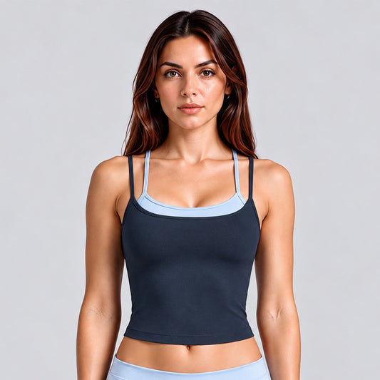 Wholesale Women’s Activewear Set | Layered Sports Tank & High-Waisted Workout Pants | fouregg - Tank top, Blueberry and Misty Blue