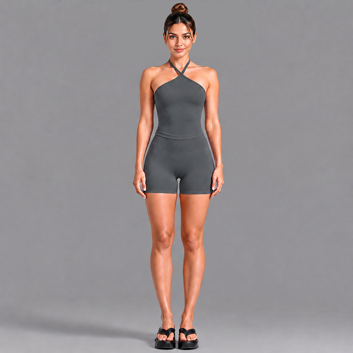Wholesale Women’s Activewear Set | Contrast Stripe Workout Top & Casual Fitness Leggings | fouregg - Tank Top + Shorts, Shark Gray