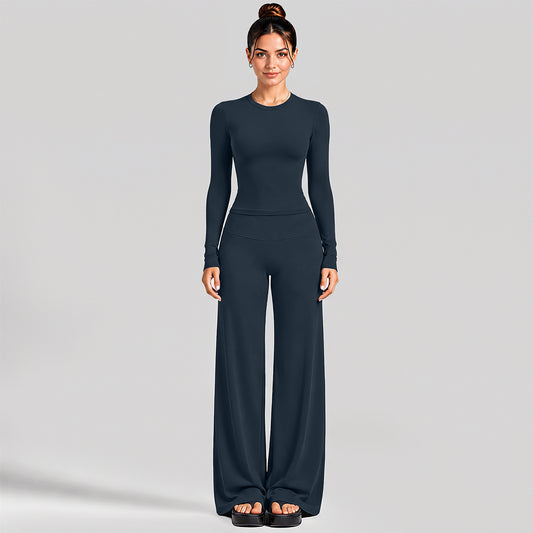 Wholesale Women’s Activewear Set | Fitted Long Sleeve Tee & Loose Straight-Leg Workout Trousers | fouregg - Long Sleeve + Straight-Leg Pants, Blueberry
