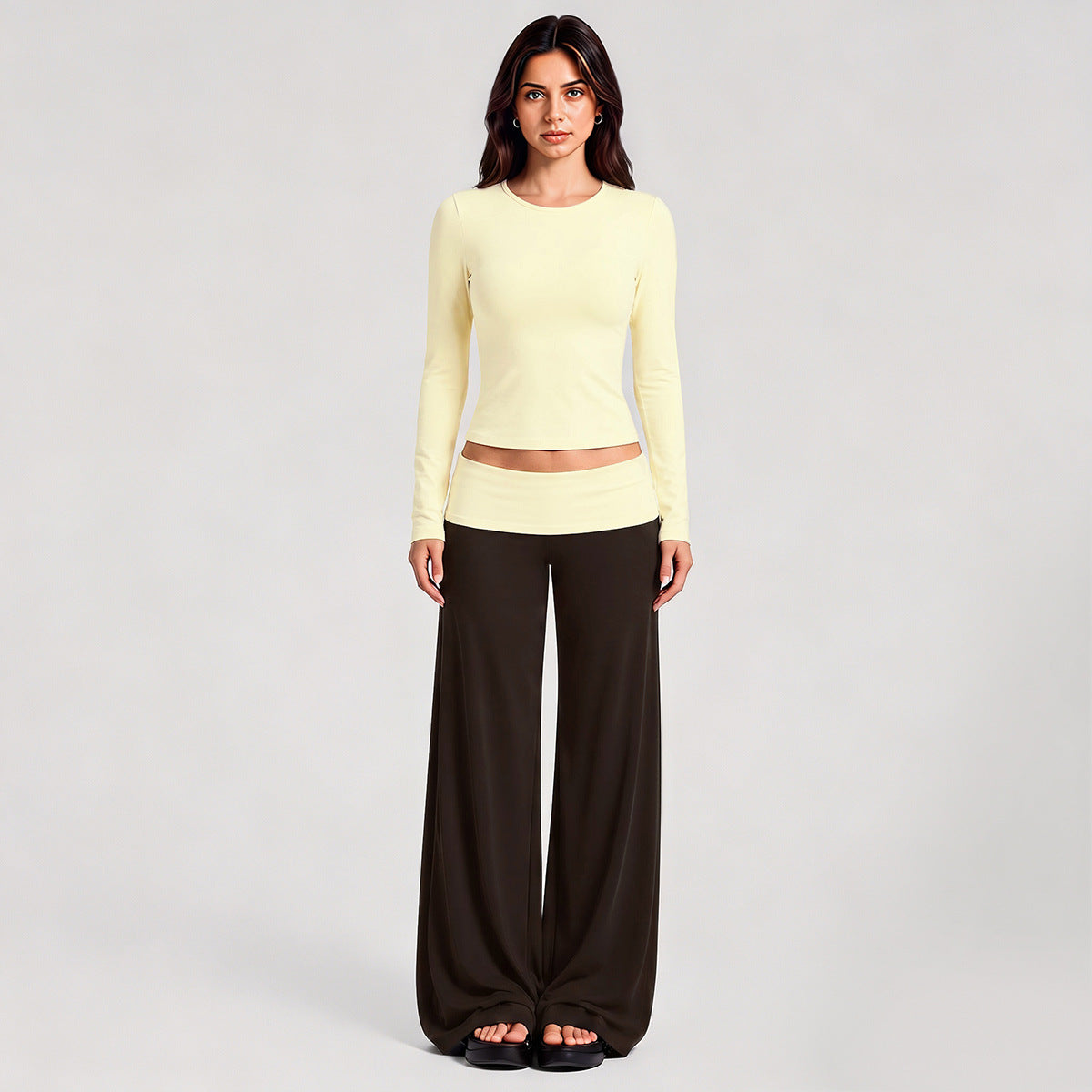Wholesale Women’s Activewear Set | Fitted Sports Tank & Color-Block Polka Dot Workout Pants | fouregg - 1356 Long Sleeve + 6187 Pants Cream Yellow