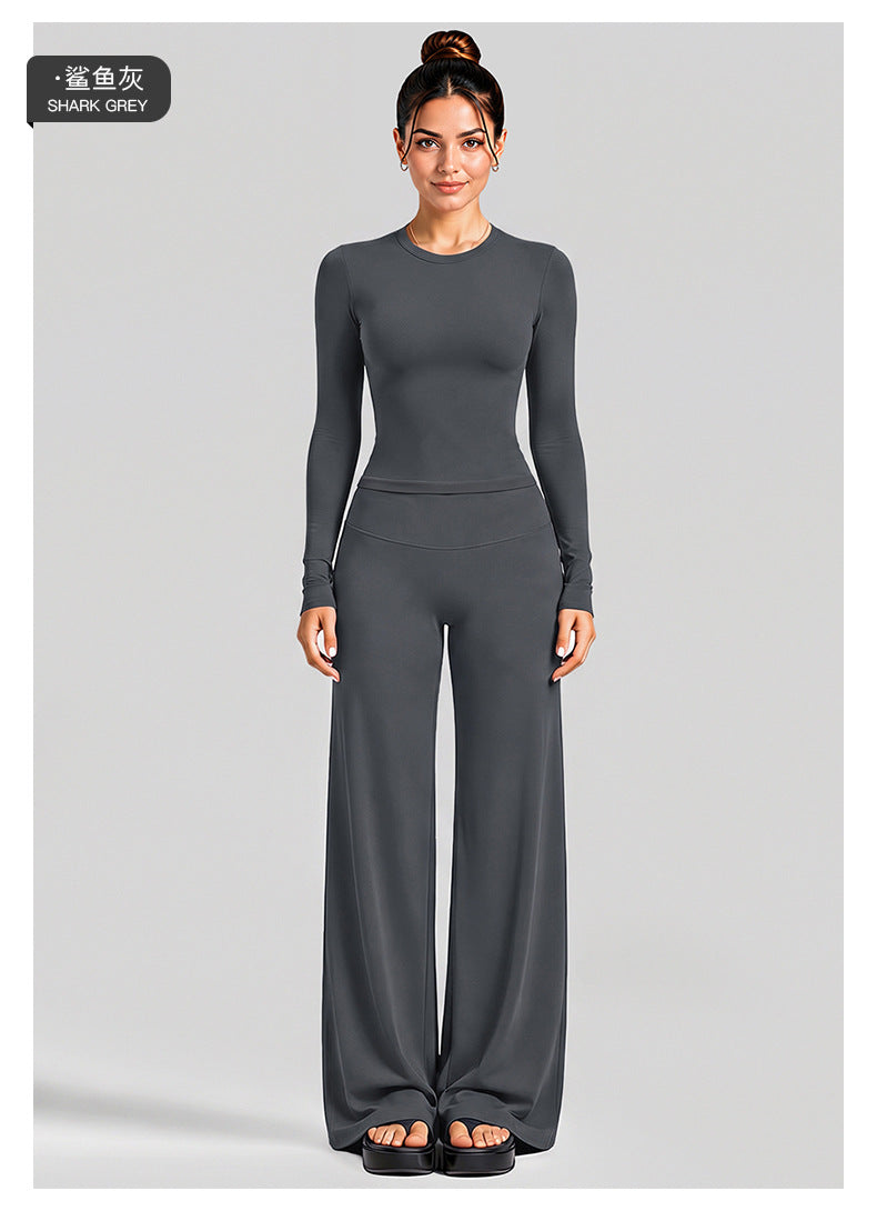 Wholesale Women’s Activewear Set | Fitted Long Sleeve Tee & Loose Straight-Leg Workout Trousers | fouregg