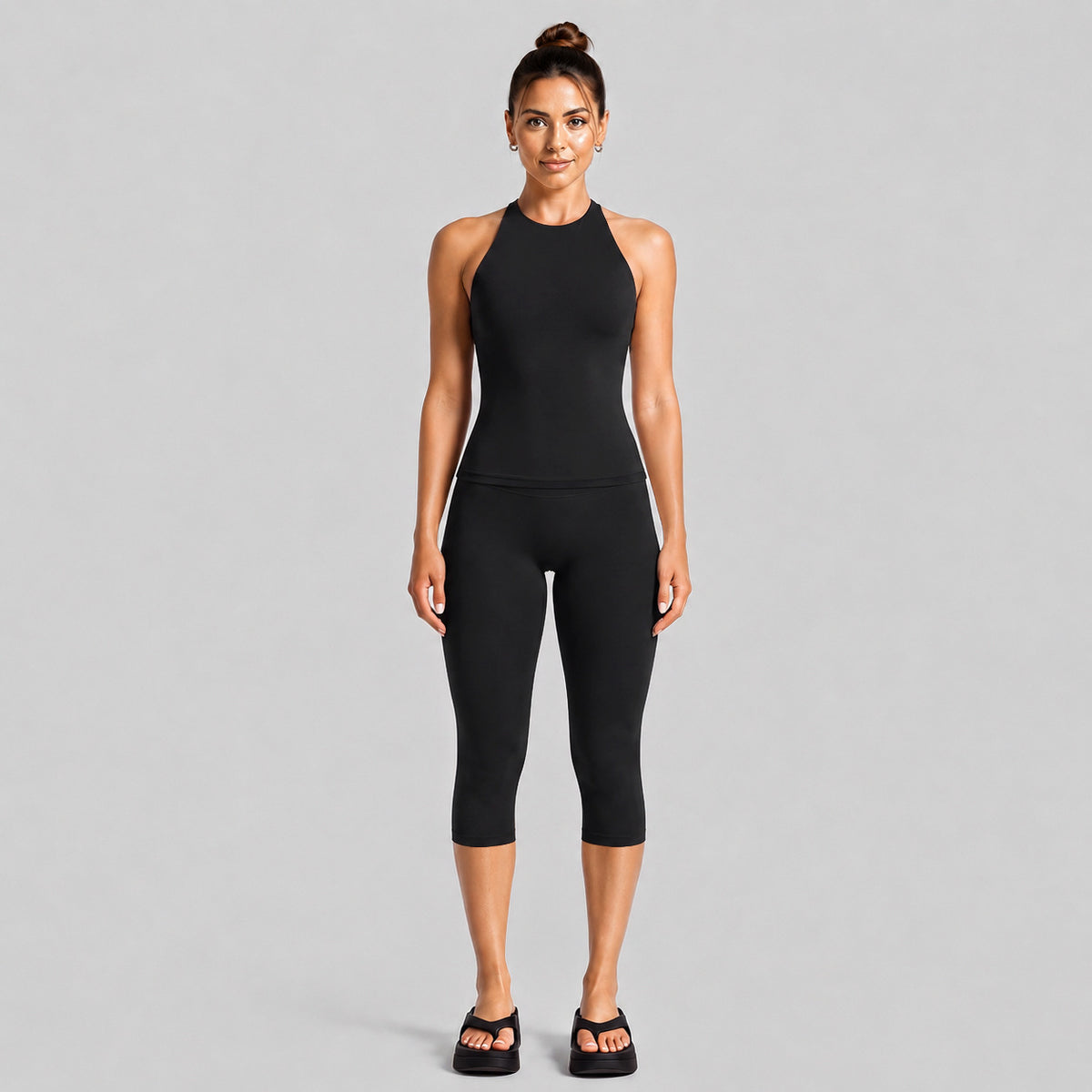 Wholesale Women’s Activewear Set | Slimming Sports Tank & Loose-Fit Workout Pants | fouregg - Fitted Mid-Length Set, Black