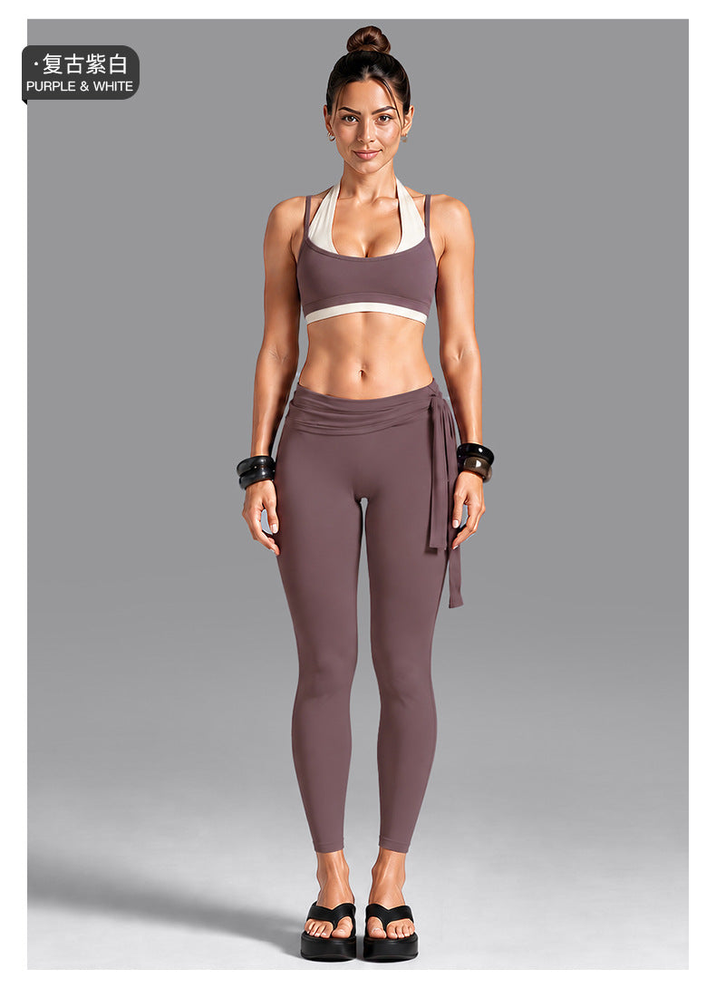 Wholesale Women’s Activewear Set | Dual-Layer Halter Sports Top & Tie-Detail Quick-Dry Workout Pants | fouregg