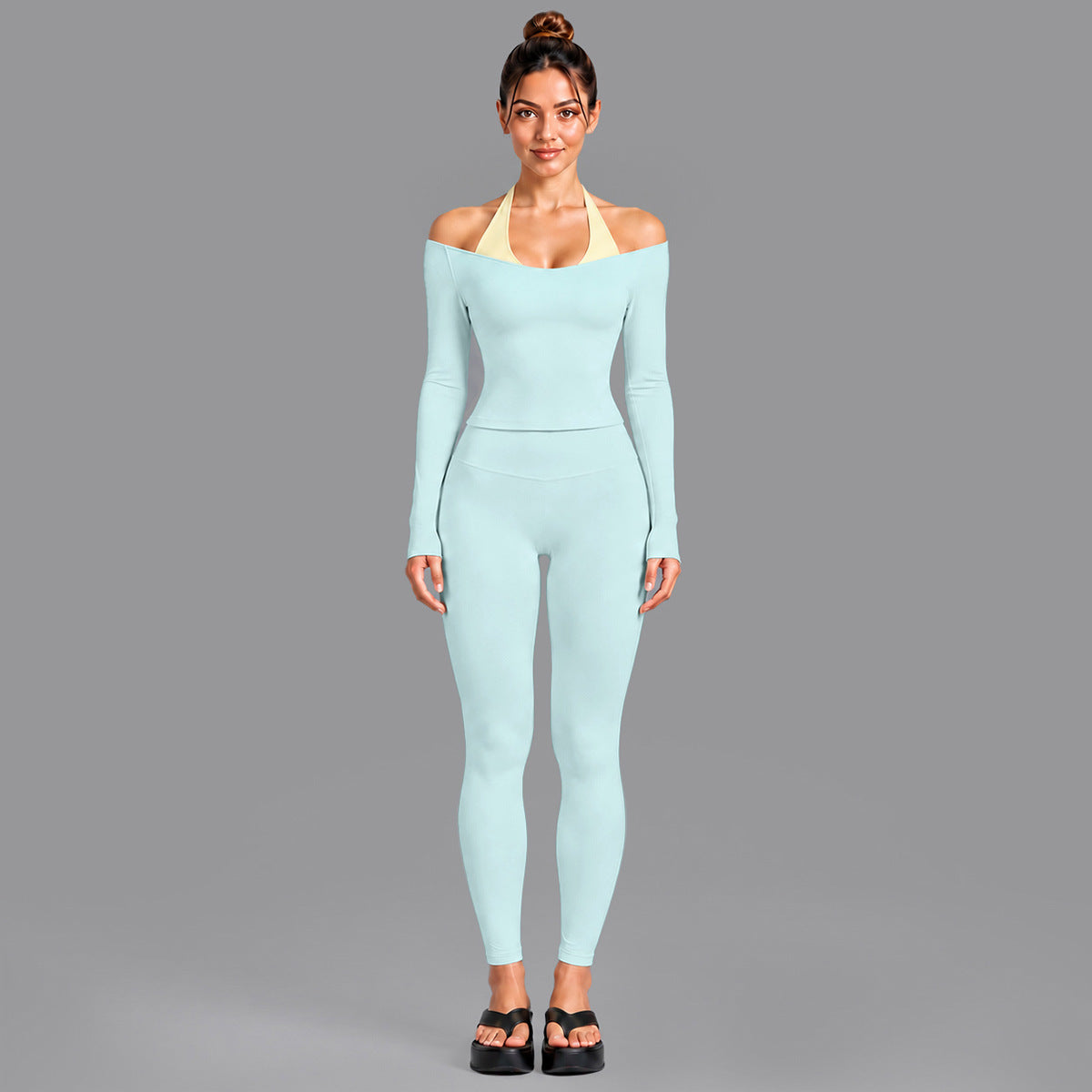 Wholesale Women’s Activewear Set | Double-Layer Halter Sports Top & Breathable Fitness Leggings | fouregg - 6278 Long Sleeve + 1352 Leggings Light Blue