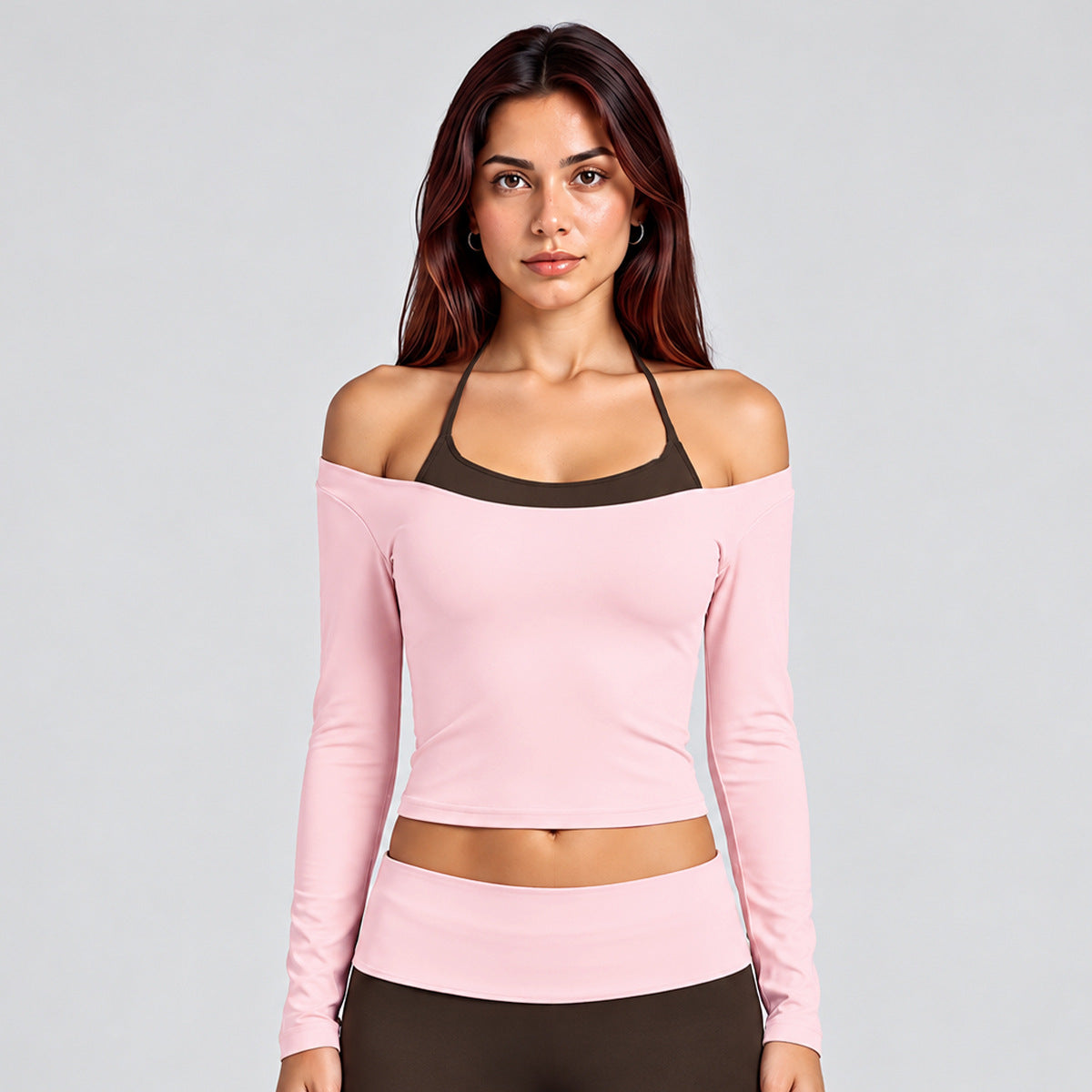 Wholesale Women’s Activewear Set | Long Sleeve Mock-Layer Halter Top & Straight-Leg Yoga Pants | fouregg - Long Sleeve Pink with Root Brown