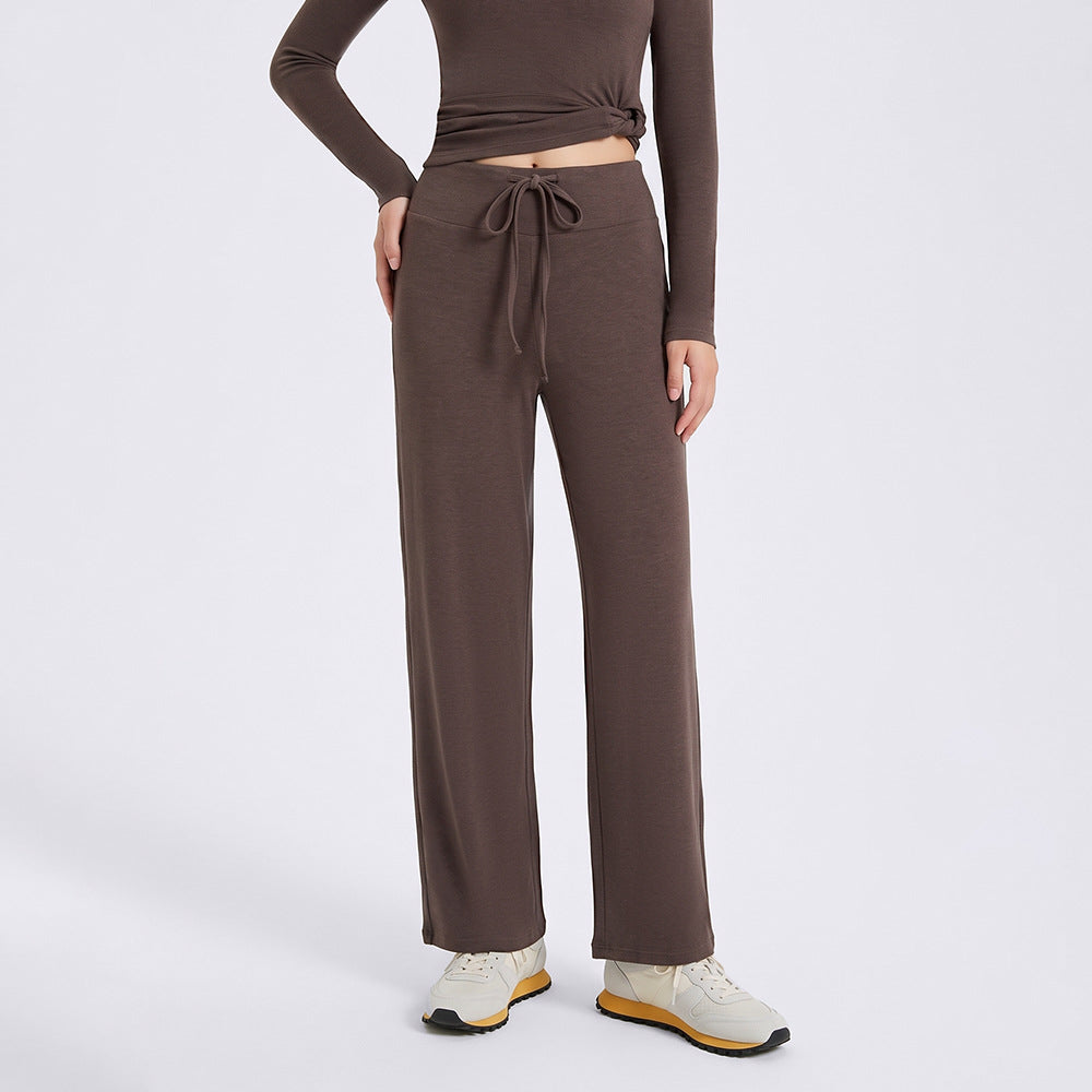 Wholesale Thermal Activewear Pants | Relaxed-Fit Fleece-Lined Wide-Leg Workout Trousers | fouregg - Mochi Brown