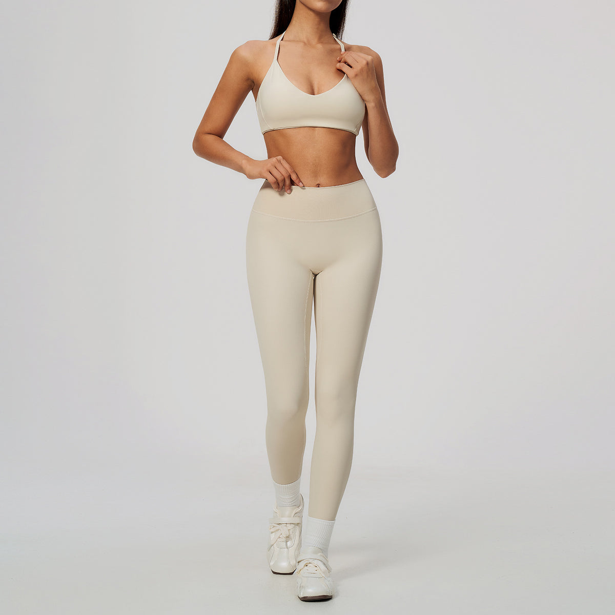 Wholesale Women’s Workout Set 5529 | Slim-Fit Yoga & Fitness Outfit | fouregg - 5529 Bra + 8519 Pants, Oatmeal Beige
