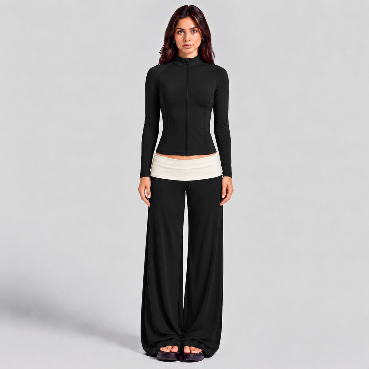 Wholesale Women’s Activewear Set | High-Neck Workout Jacket & Color-Block Yoga Leggings | fouregg - Black
