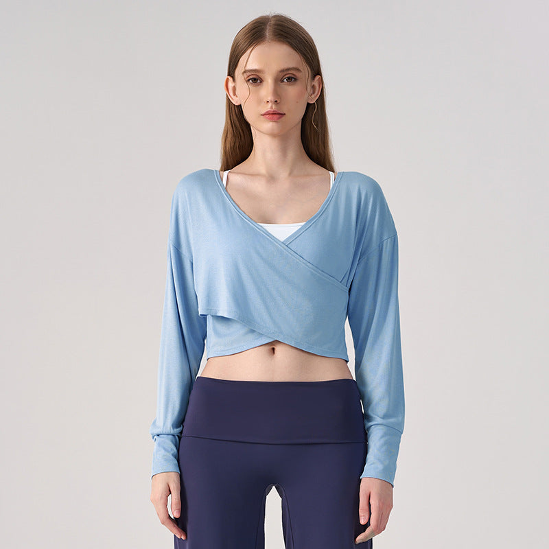 Wholesale Women’s Crossover Yoga Cardigan | Premium Lightweight Loose-Fit Activewear Jacket | fouregg - Light Blue