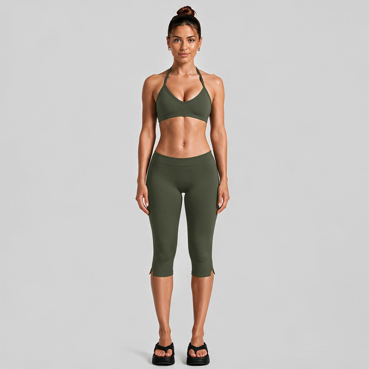 Wholesale Women’s Quick-Dry Activewear Set | Backless Halter Top & Mid-Length Workout Pants | fouregg - Olive Green