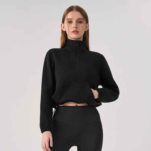 Wholesale Women’s Cropped Sweatshirt | Bulk Relaxed-Fit Half-Zip Workout Top | fouregg - Black