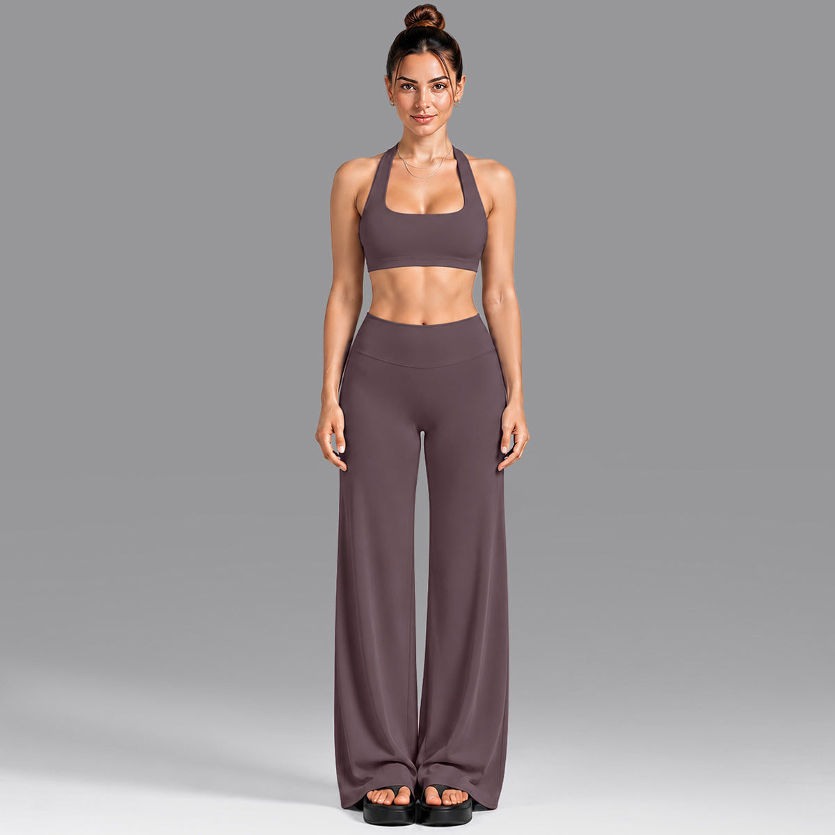 Wholesale Women’s Summer Activewear Set | Built-In Cup Halter Bra & Open-Back Pilates Outfit | fouregg - Underwear + Pants Dark Brown