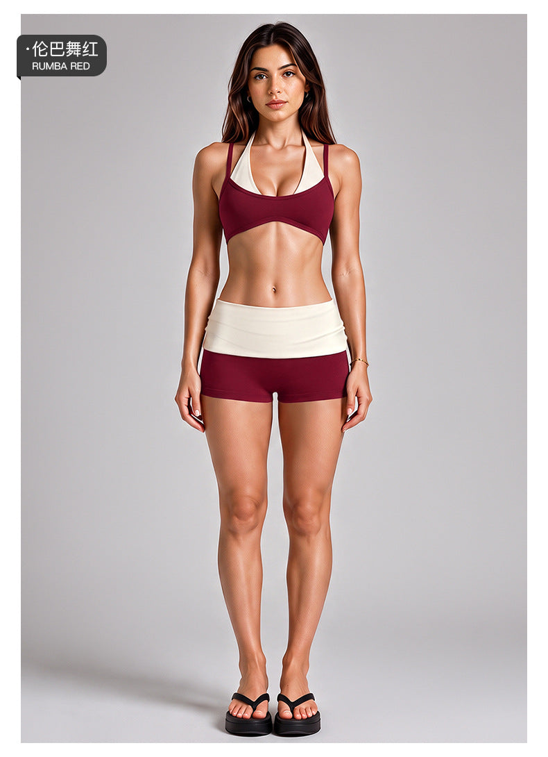 Wholesale Women’s Activewear Set | Backless Halter Bra & Color-Block High-Waisted Yoga Pants | fouregg