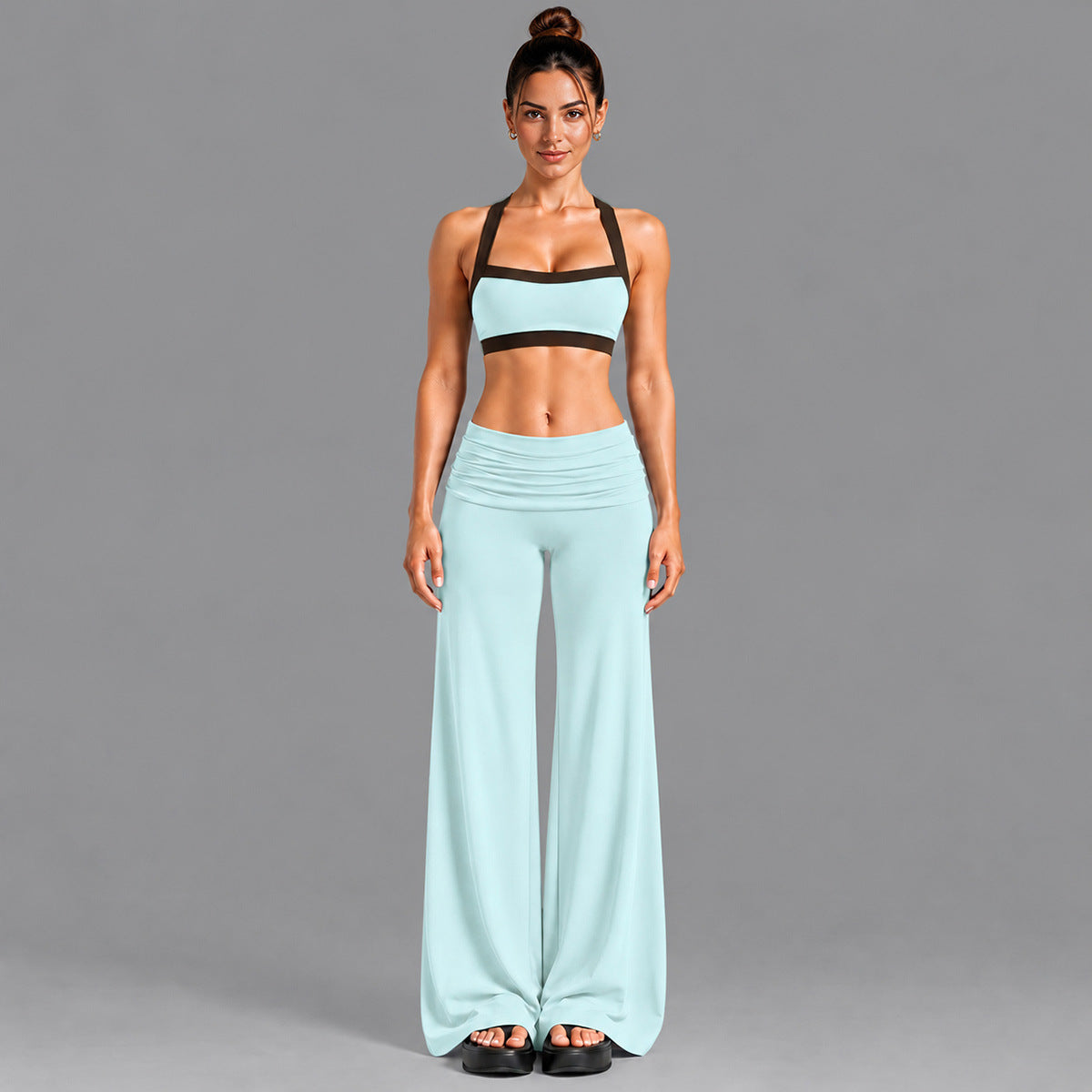 Wholesale Women’s Activewear Set | Contrast-Color Yoga Bra & Pilates Fitness Pants | fouregg - 6231 Underwear + 6090 Long Pants Light Blue