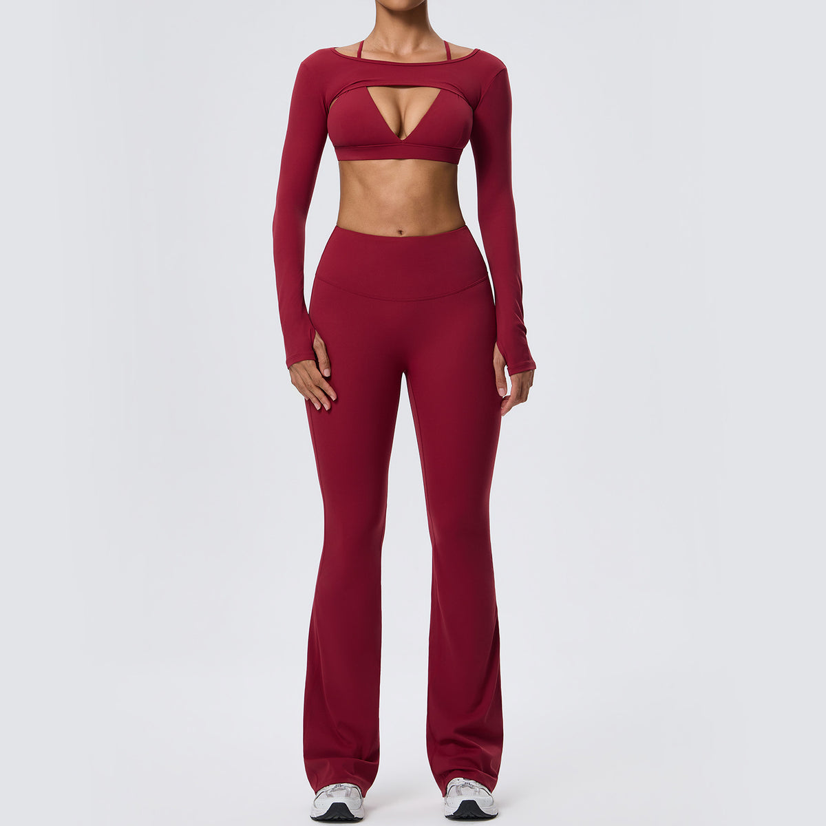 Wholesale Nude-Feel Activewear Set | Double-Brushed Bra, Butt-Lift Flare Pants & Cover-Up | fouregg - Deep Red